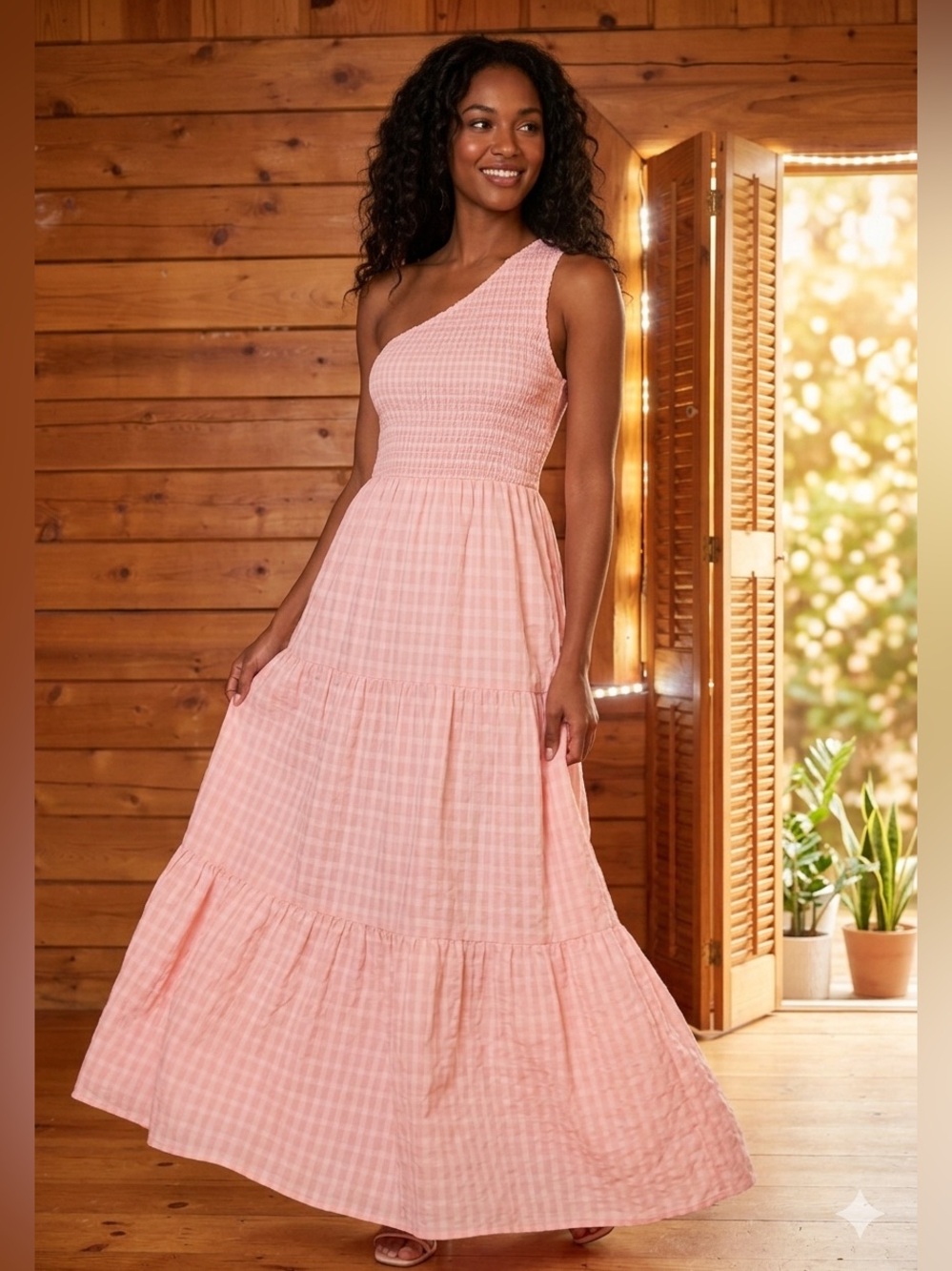 Faded Floral Boutique Pastel Pink Tiered Maxi Dress Smocked Bodice One Shoulder